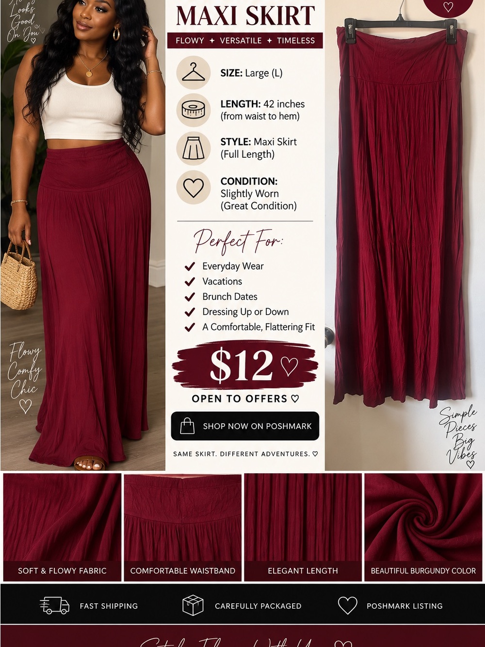 Women's Burgundy Maxi Skirt - Flowy Elegant Full-Length Skirt